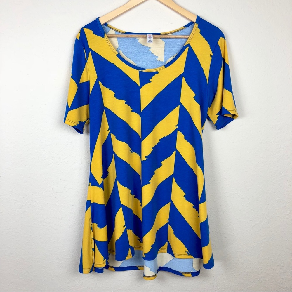 LuLaRoe Yellow and Blue Patterned Top Large